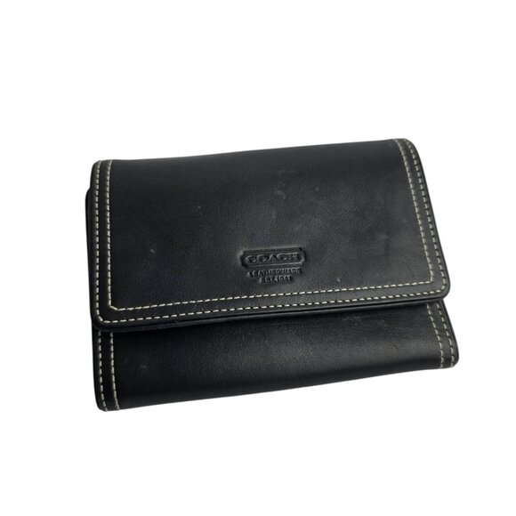 Coach Trifold Women's Wallet Compact Clutch Black Leather 5.5" x 4" x 1" - Picture 1 of 8